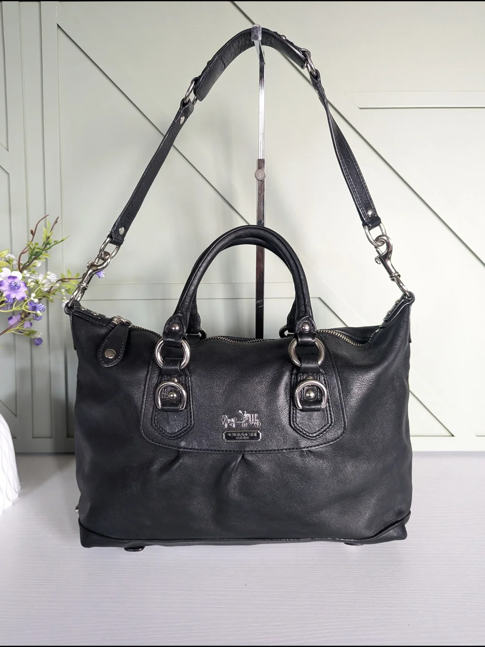 Coach Black Leather Satchel with Detachable Shoulder Strap